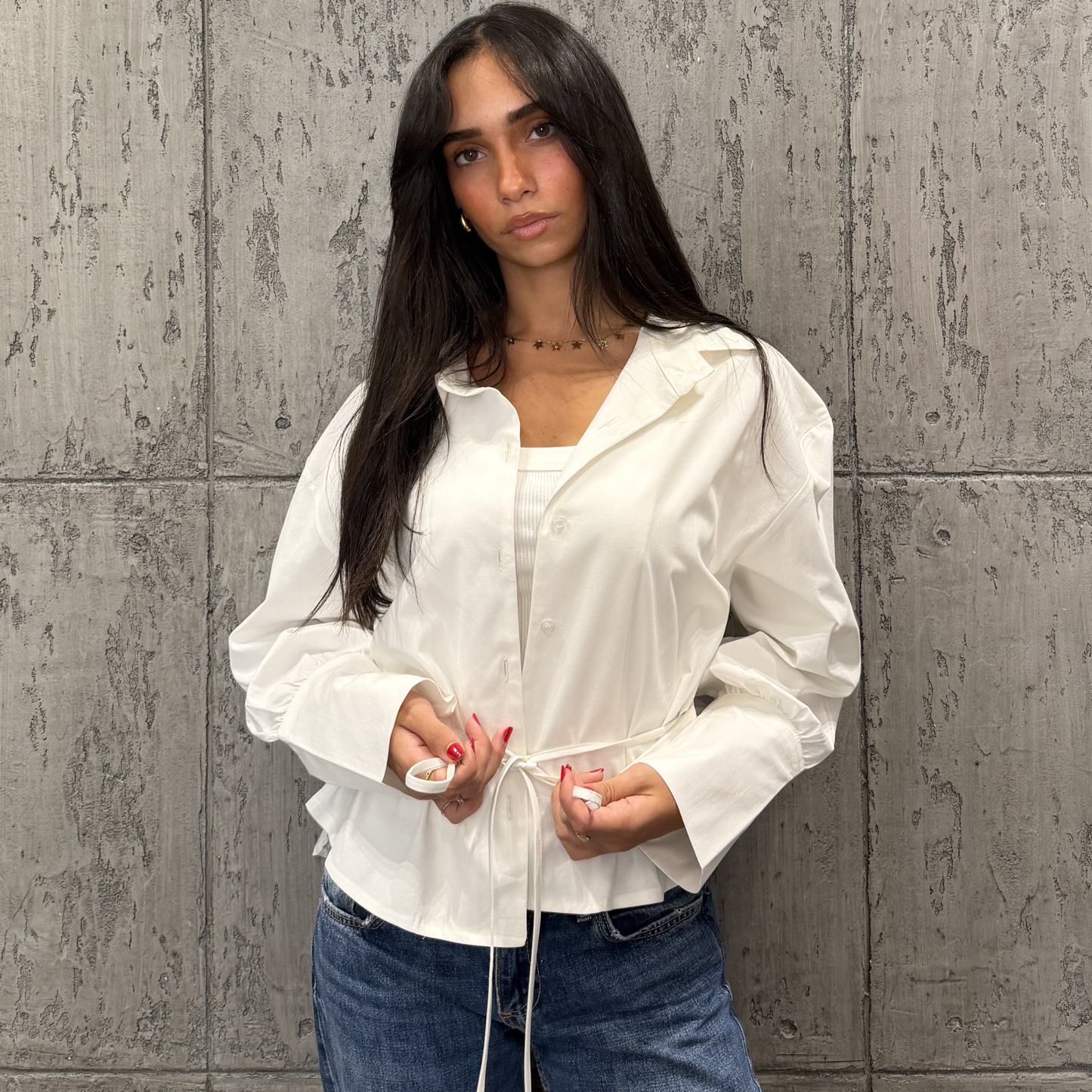 White Waist-Tie Button-Up Blouse