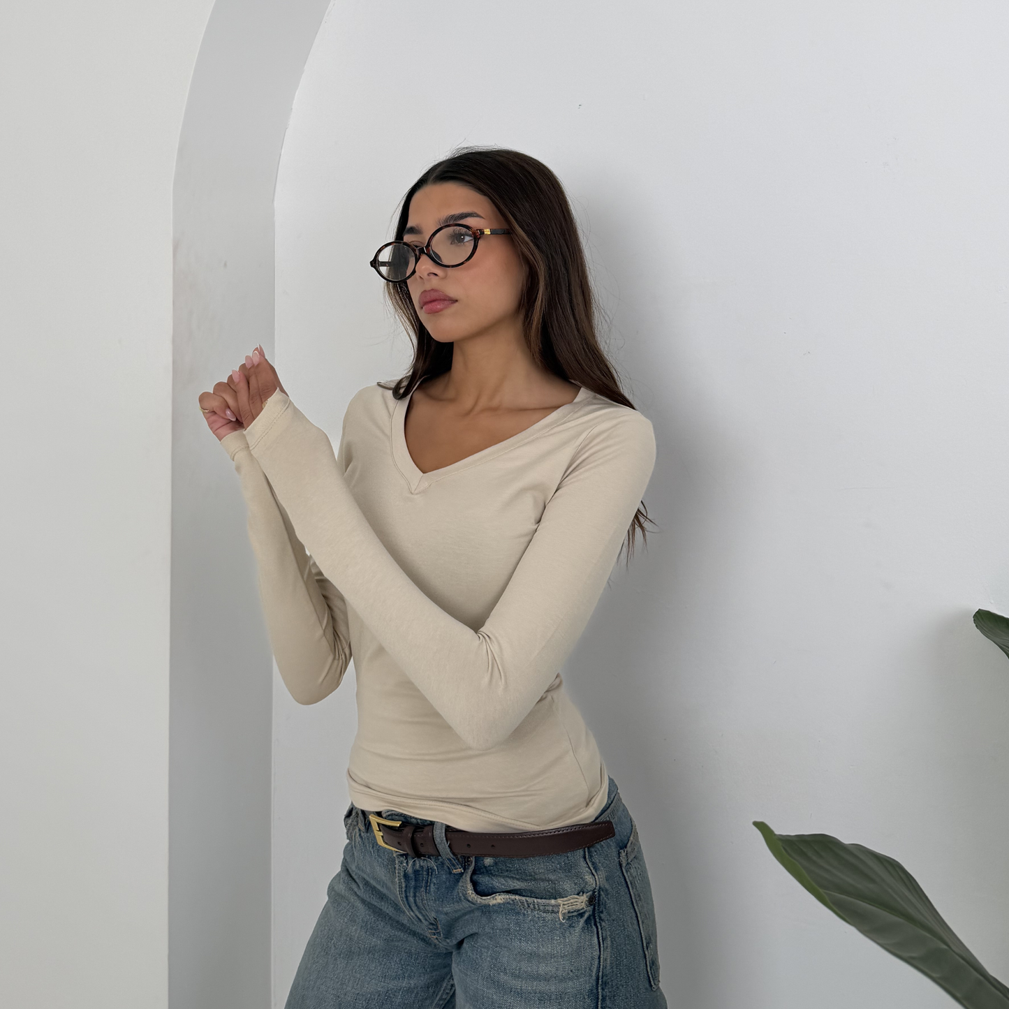 Creamy Beige V-Neck Long sleeves top