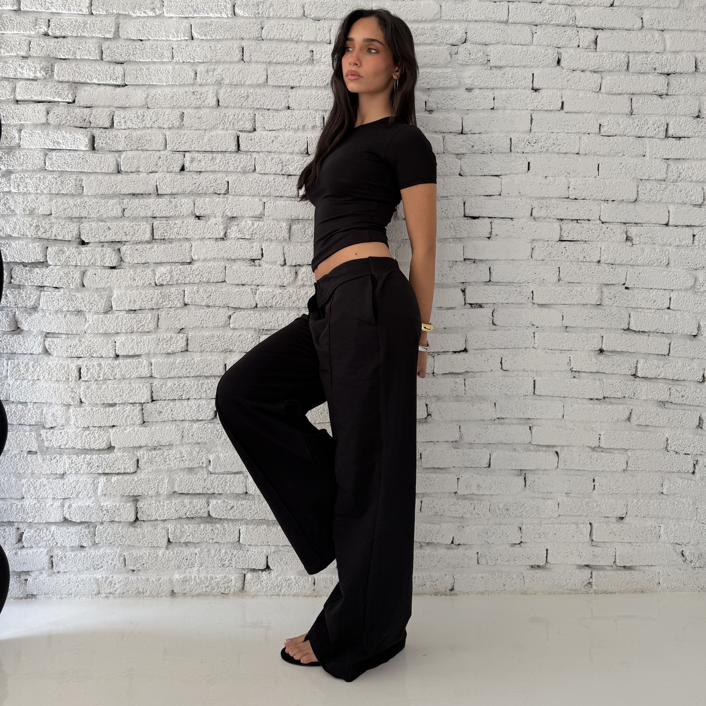 black low-rise wide-leg pants