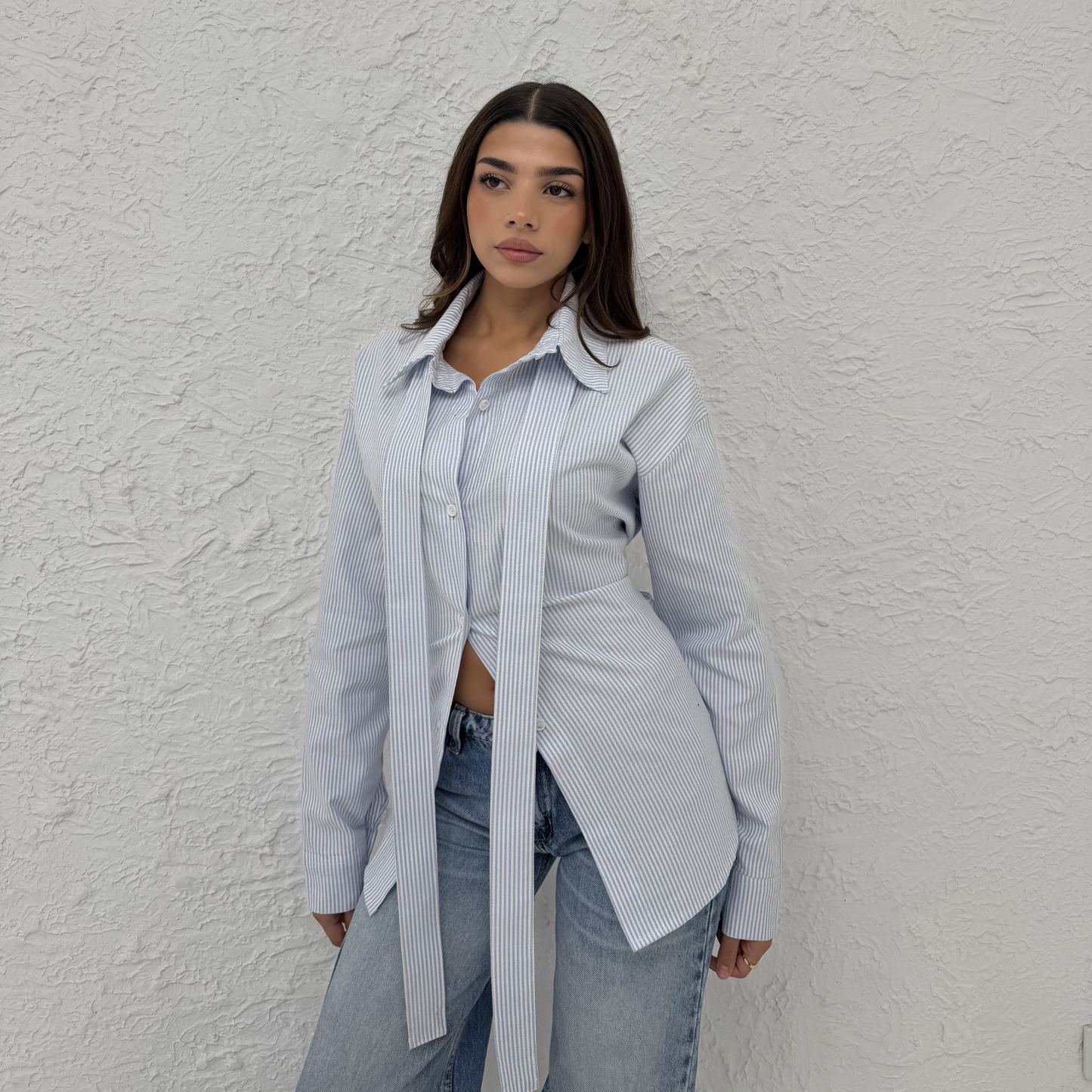 Blue Pinstripe shirt with long panels tie