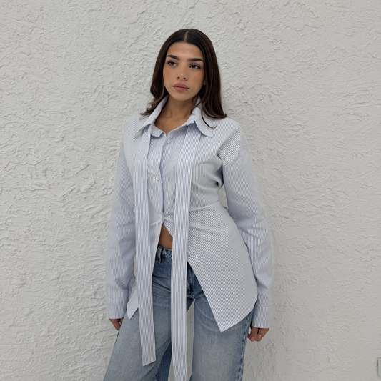 Blue Pinstripe shirt with long panels tie