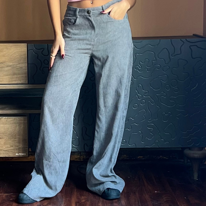 Gray Corduroy Wide-Leg Pants