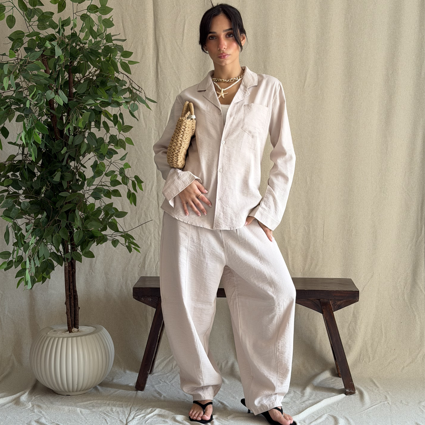 Beige Linen Drawstring pants