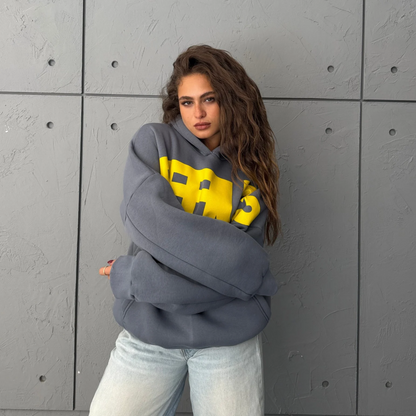 Gray & Yellow Oversized Printed Hoodie