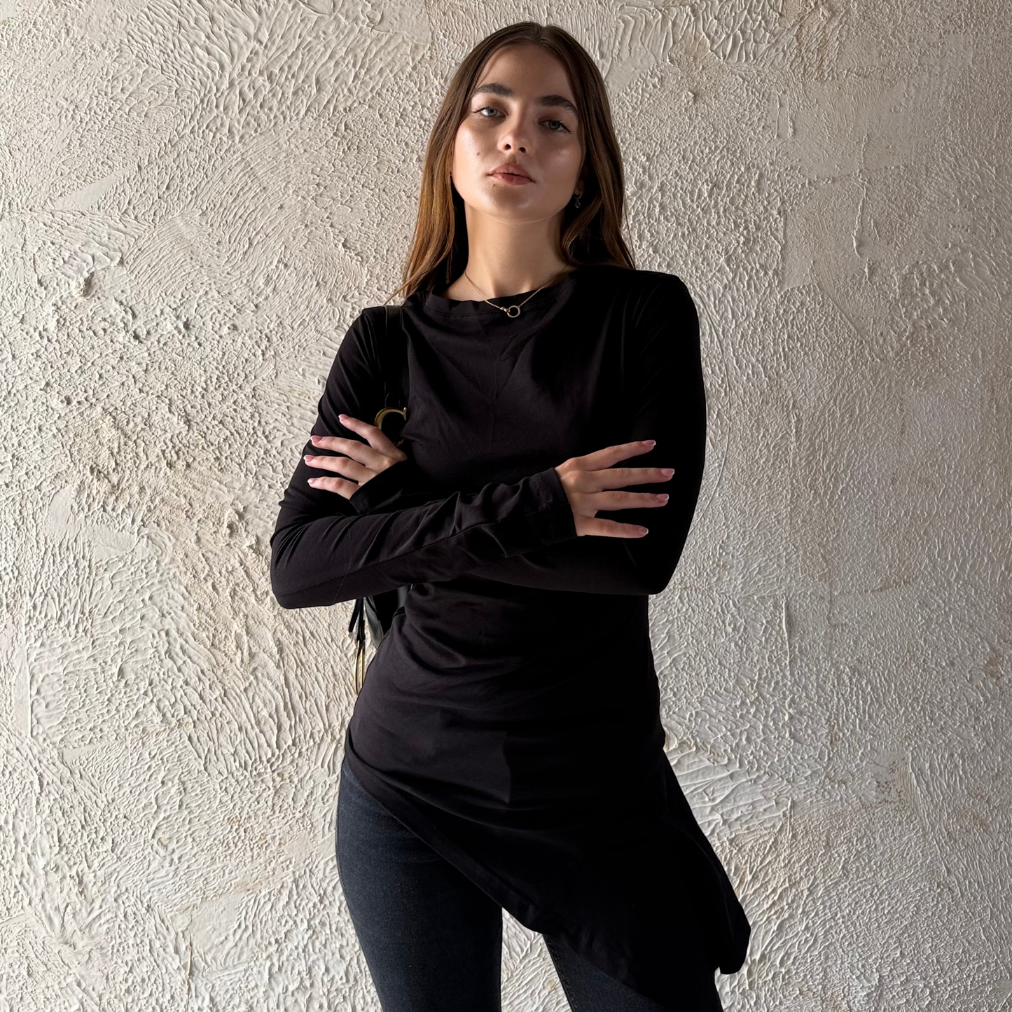 Black Long Sleeves Draped Top
