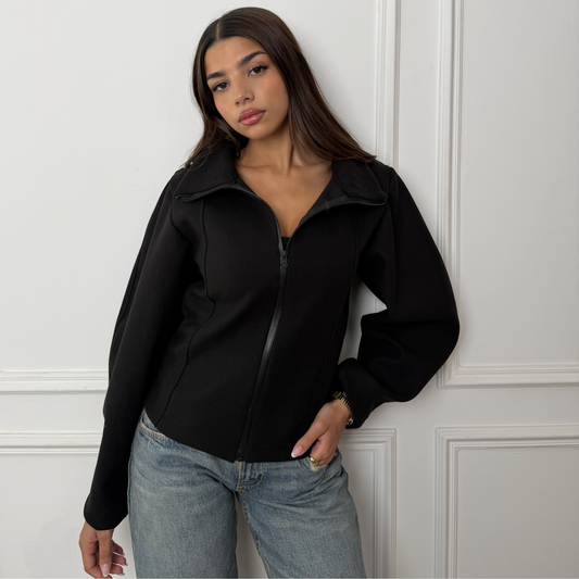 Structured Waist Black Zip Jacket
