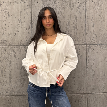 White Waist-Tie Button-Up Blouse
