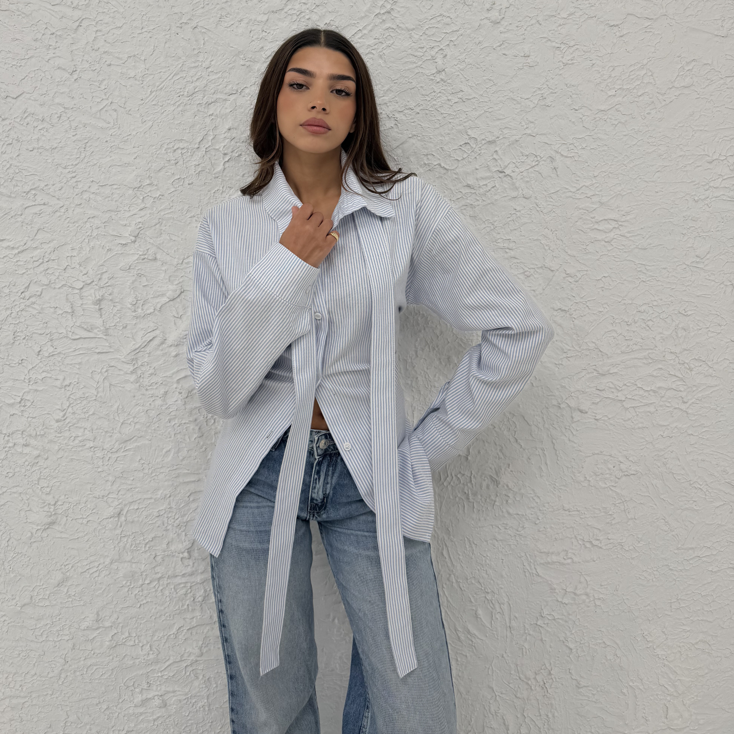 Blue Pinstripe shirt with long panels tie