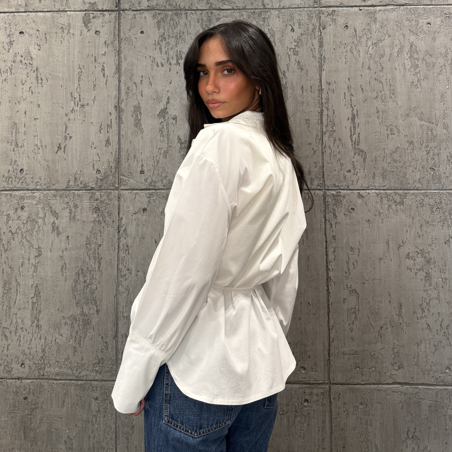 White Waist-Tie Button-Up Blouse