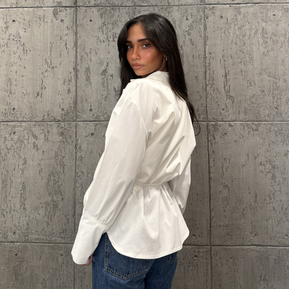 White Waist-Tie Button-Up Blouse