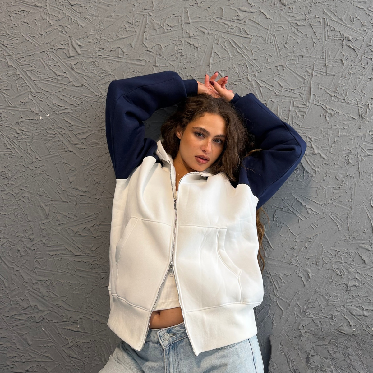 Navy Raglan Zip-Up Hoodie