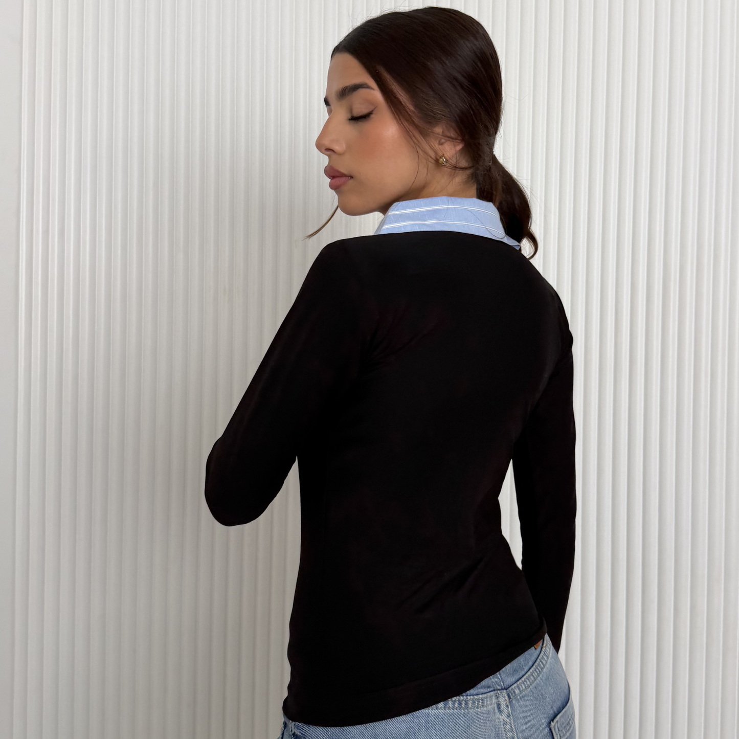 Layered Collar V-Neck Top –blue Stripe