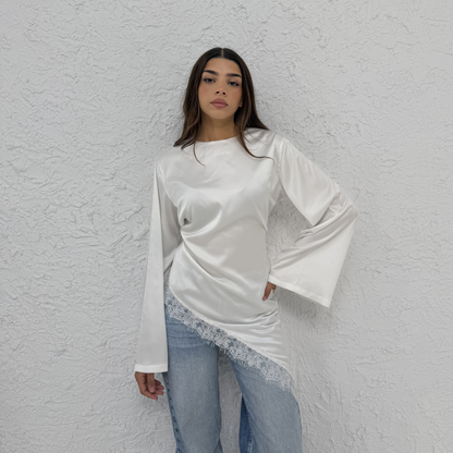 Asymmetrical White Lace Satin Top