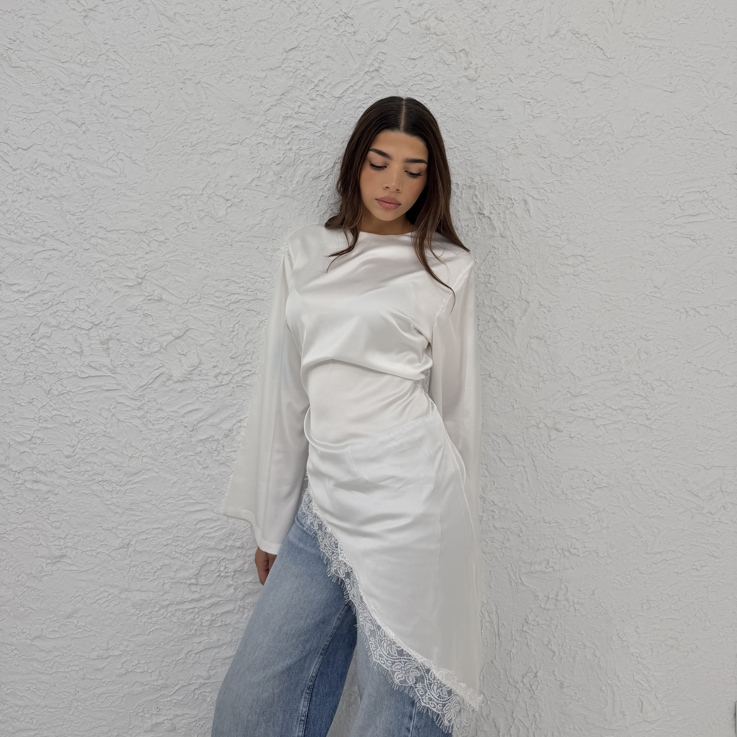 Asymmetrical White Lace Satin Top