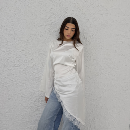 Asymmetrical White Lace Satin Top