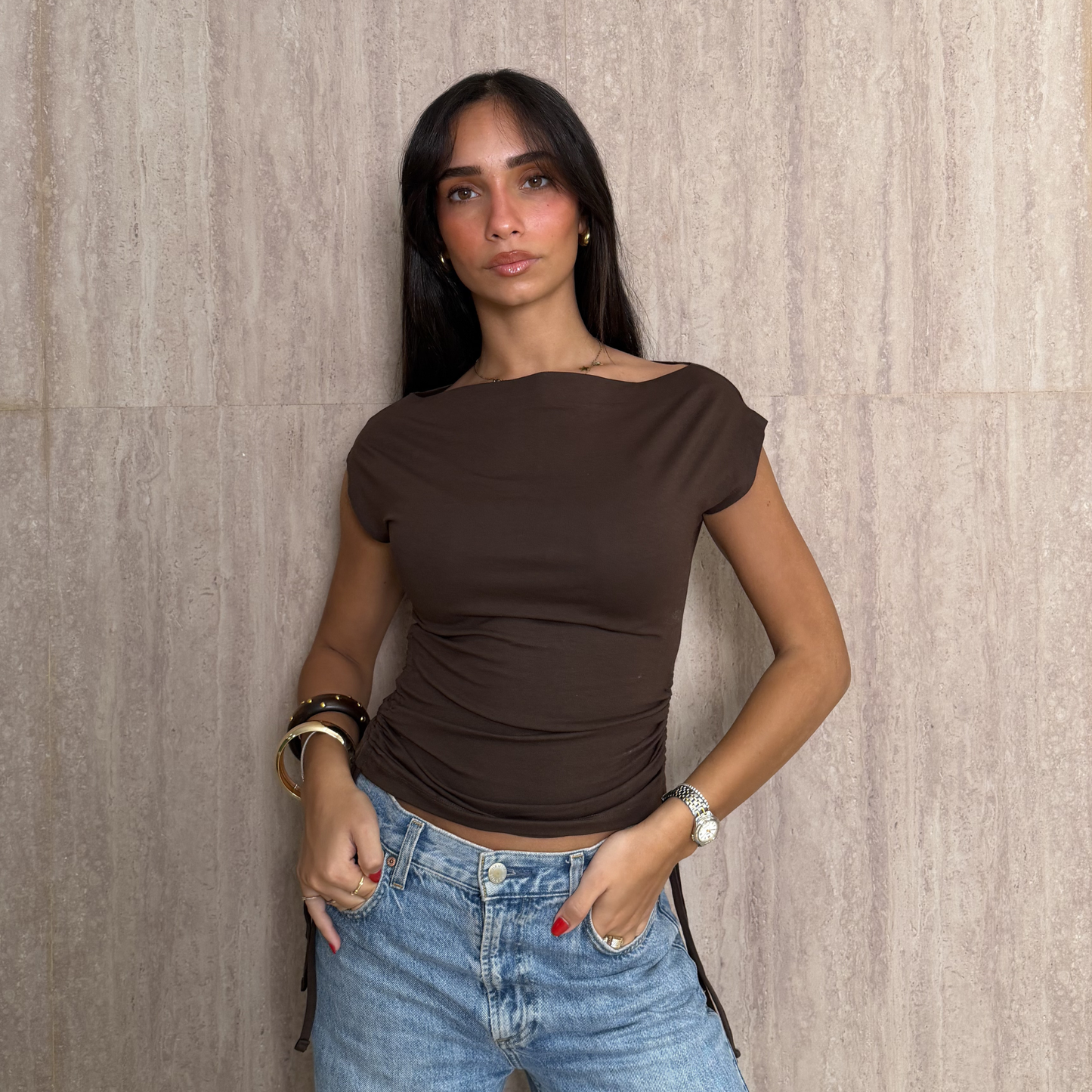 Brown Side Drawstring Top