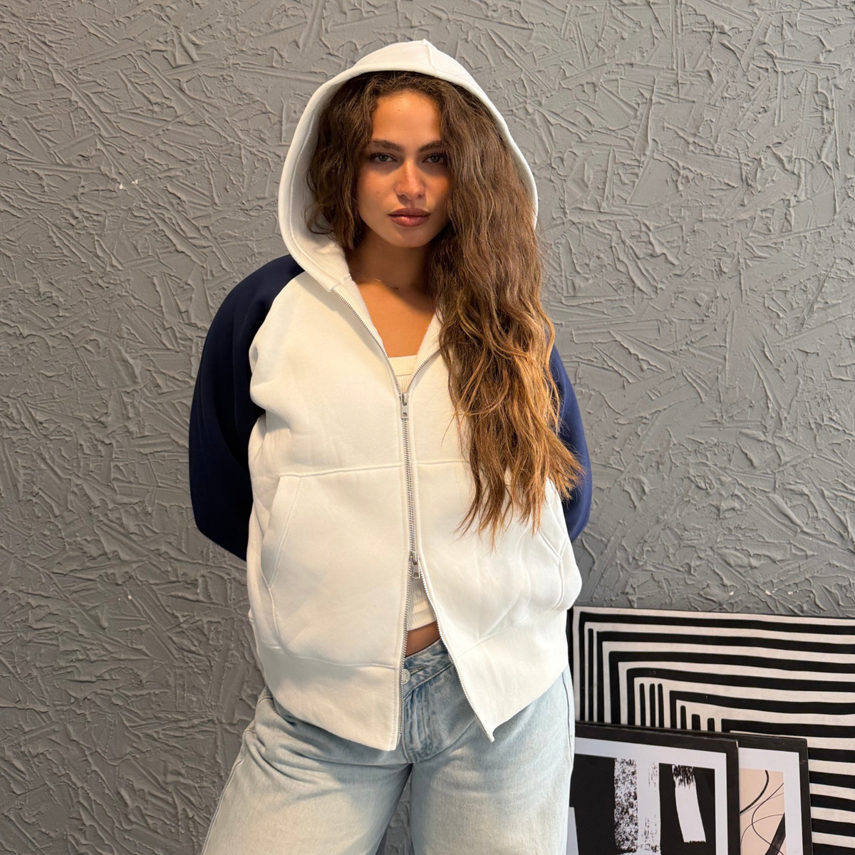Navy Raglan Zip-Up Hoodie