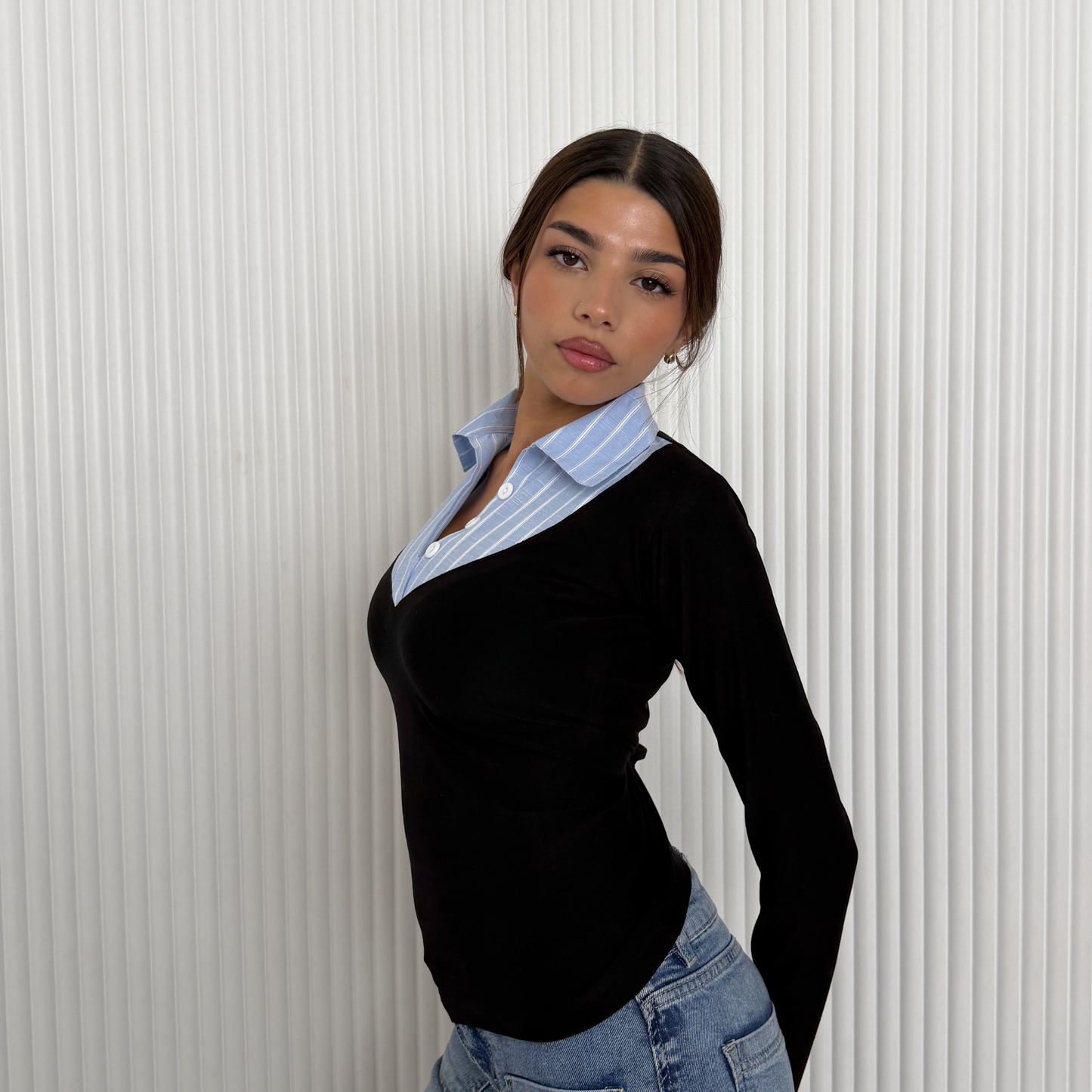 Layered Collar V-Neck Top –blue Stripe