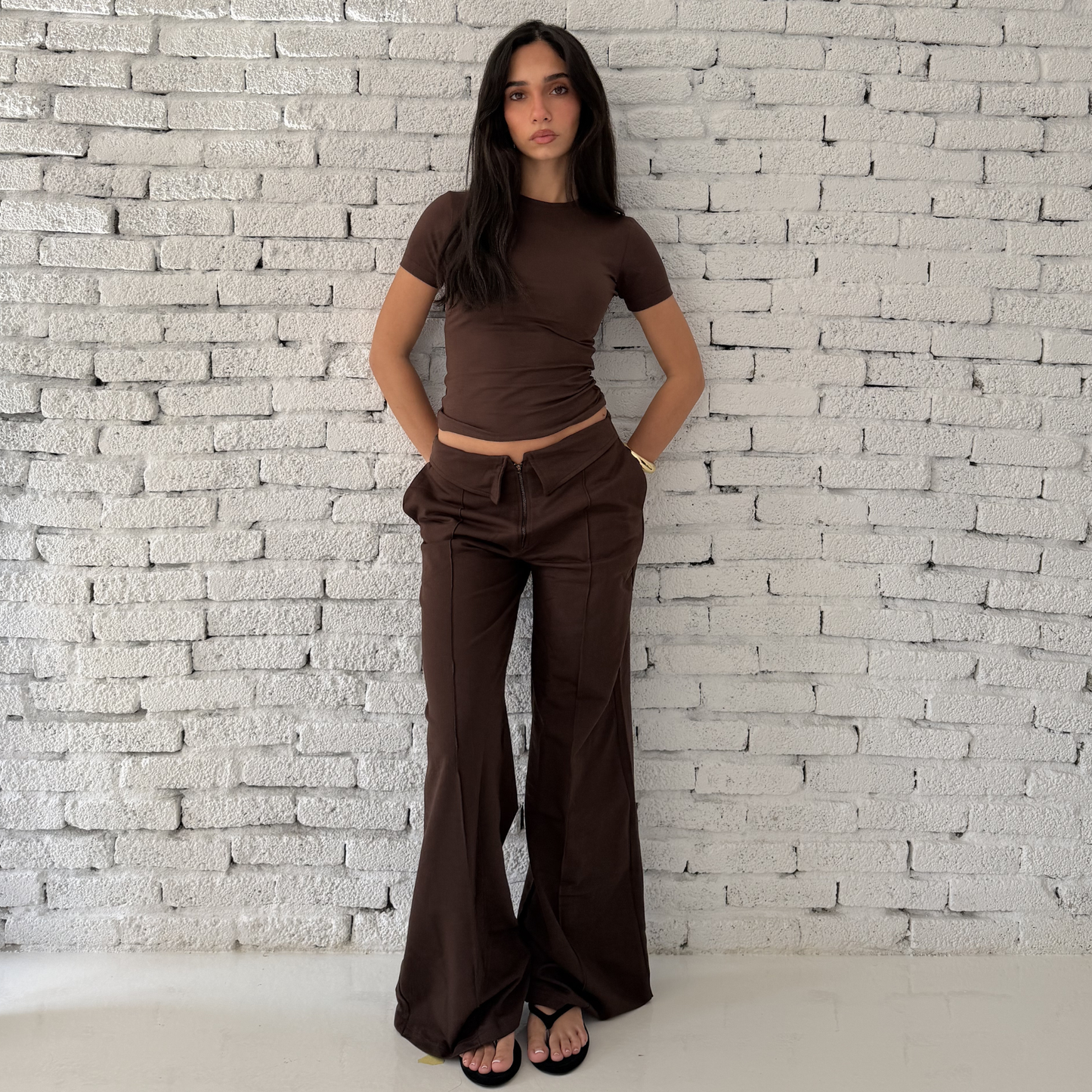 Brown low-rise wide-leg pants