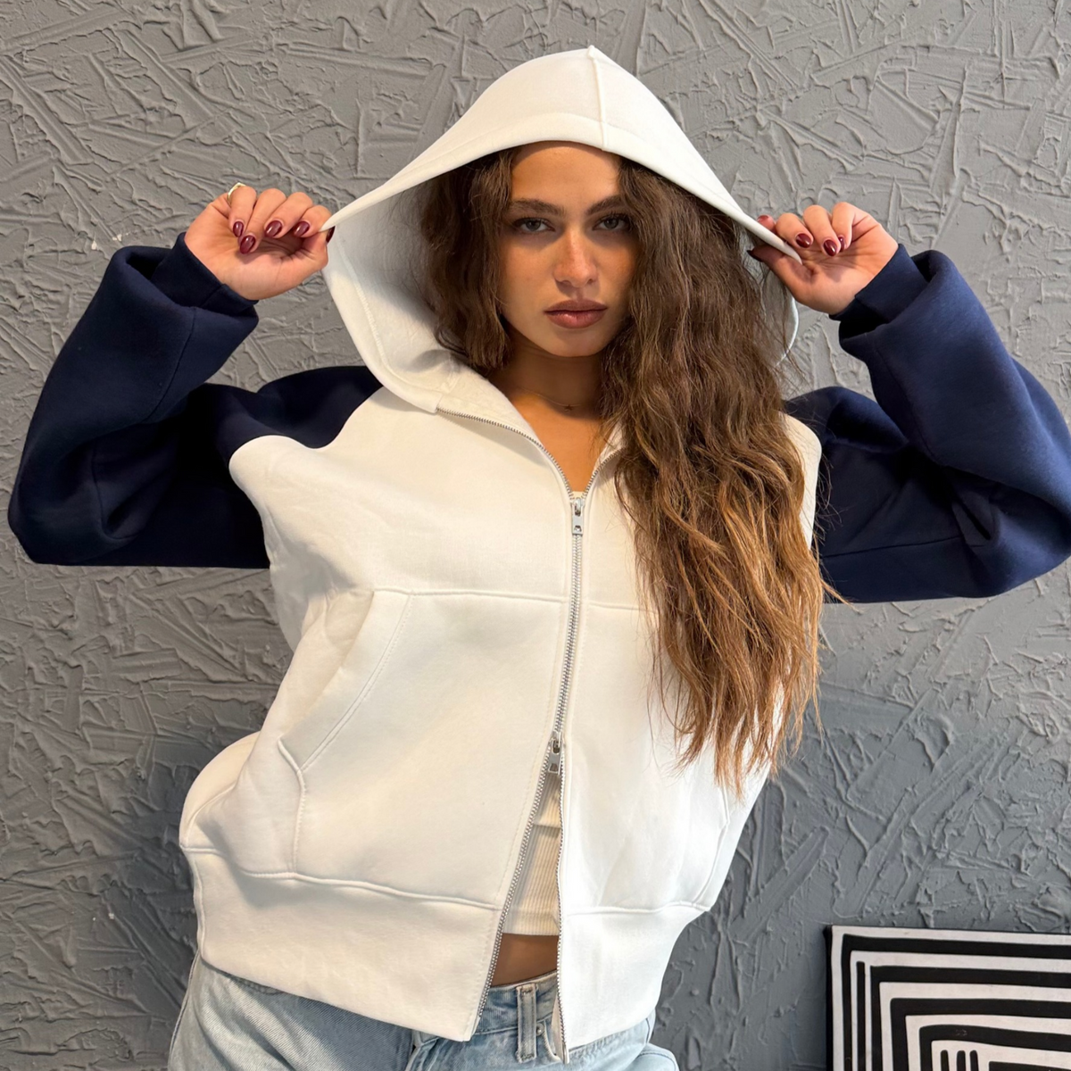 Navy Raglan Zip-Up Hoodie