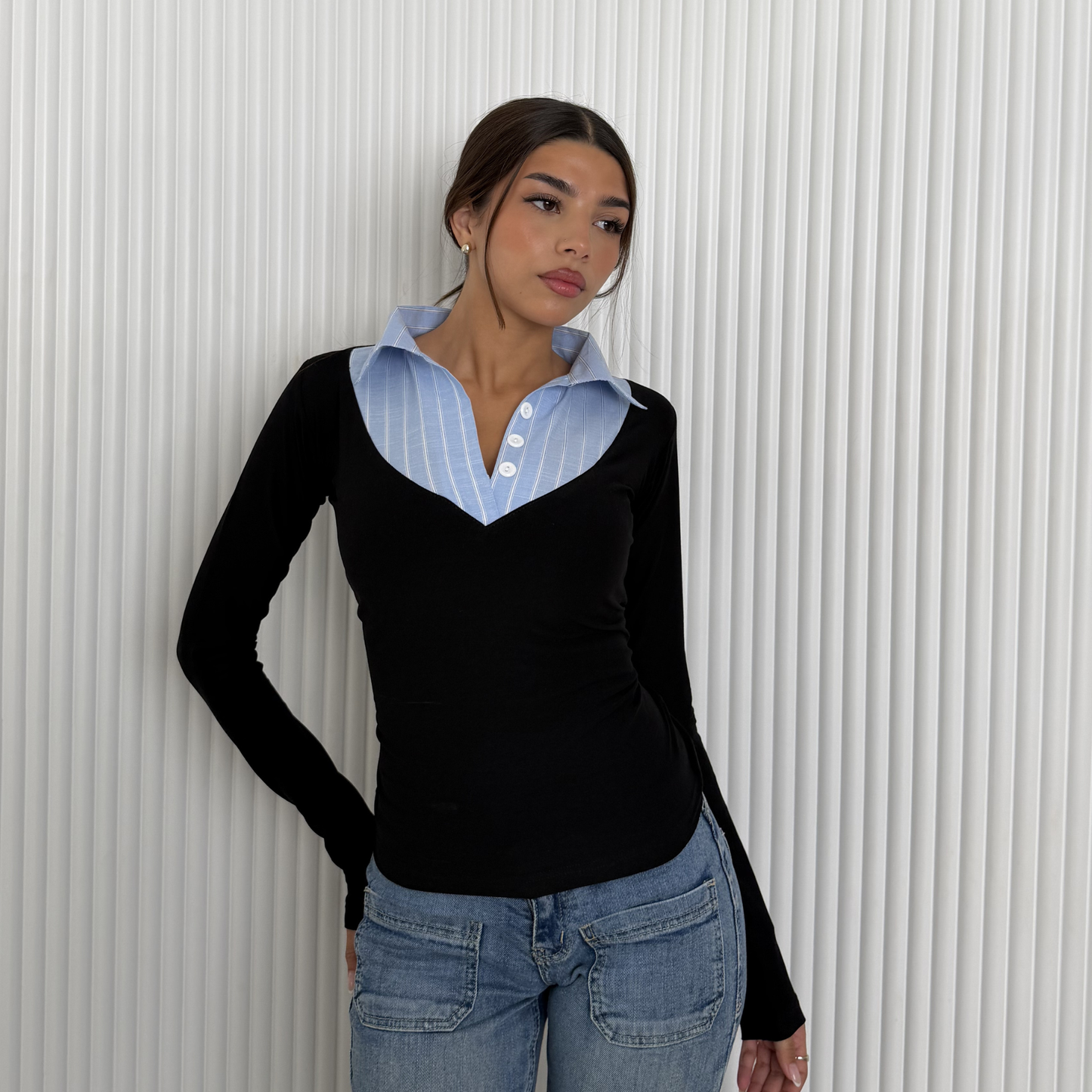 Layered Collar V-Neck Top –blue Stripe