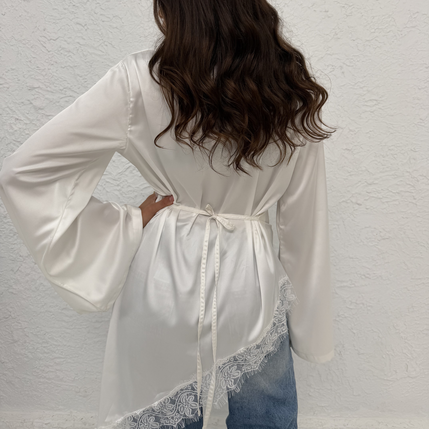 Asymmetrical White Lace Satin Top