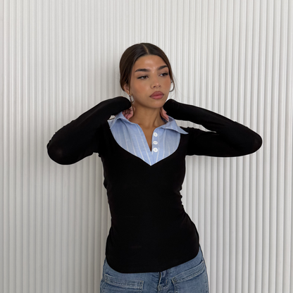 Layered Collar V-Neck Top –blue Stripe