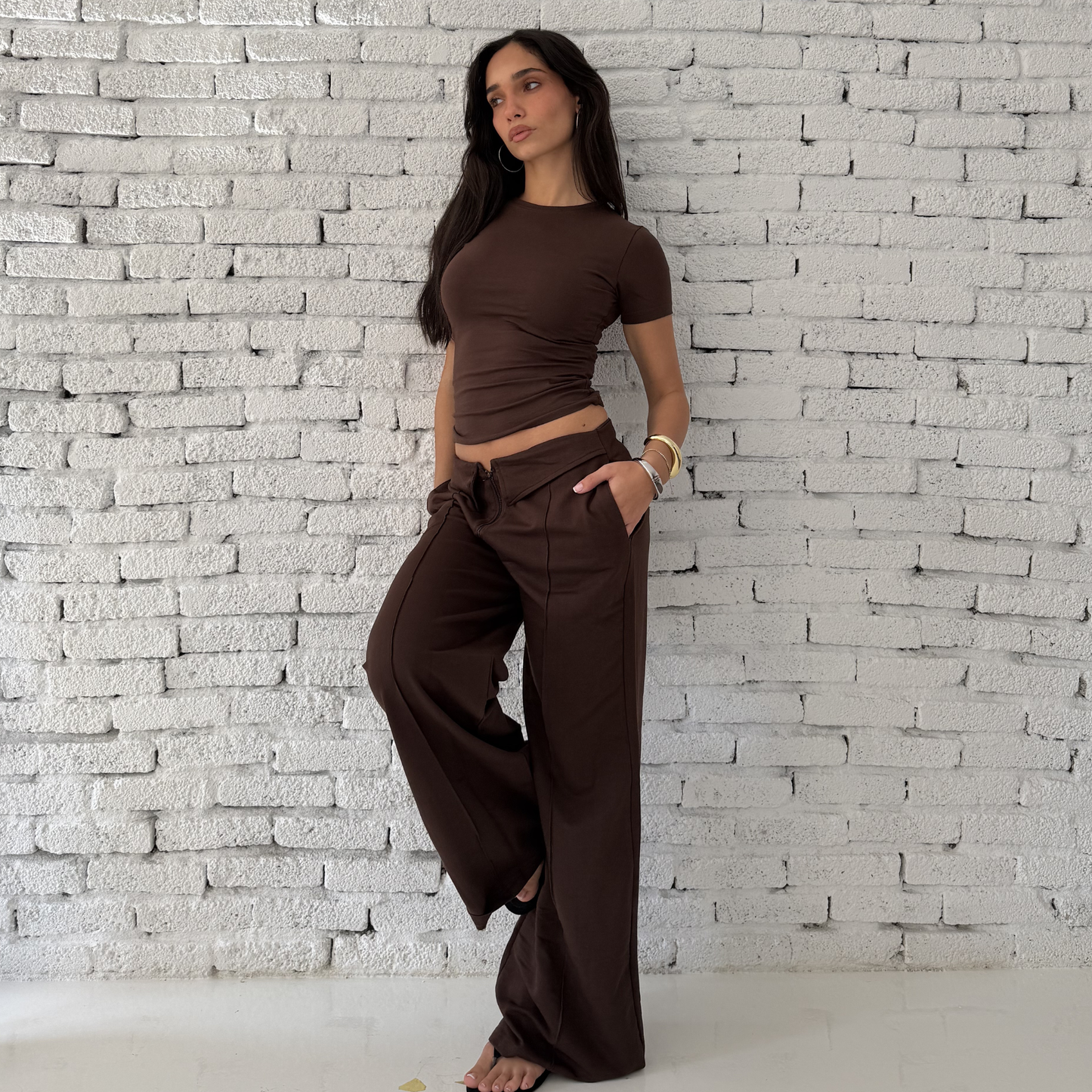 Brown low-rise wide-leg pants