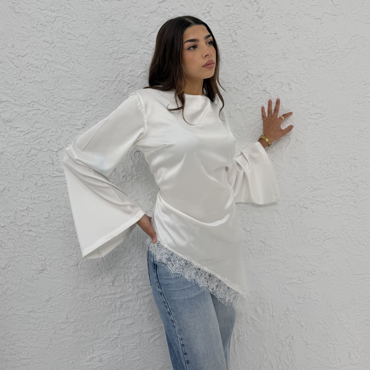 Asymmetrical White Lace Satin Top