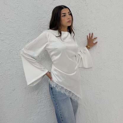 Asymmetrical White Lace Satin Top