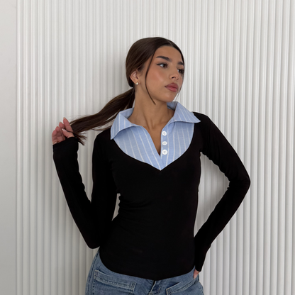 Layered Collar V-Neck Top –blue Stripe