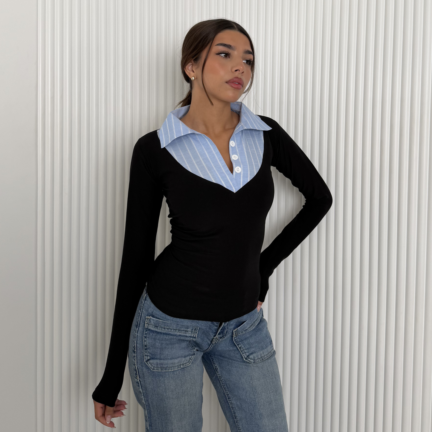 Layered Collar V-Neck Top –blue Stripe