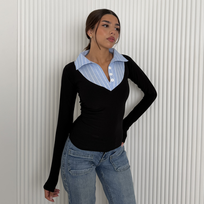 Layered Collar V-Neck Top –blue Stripe