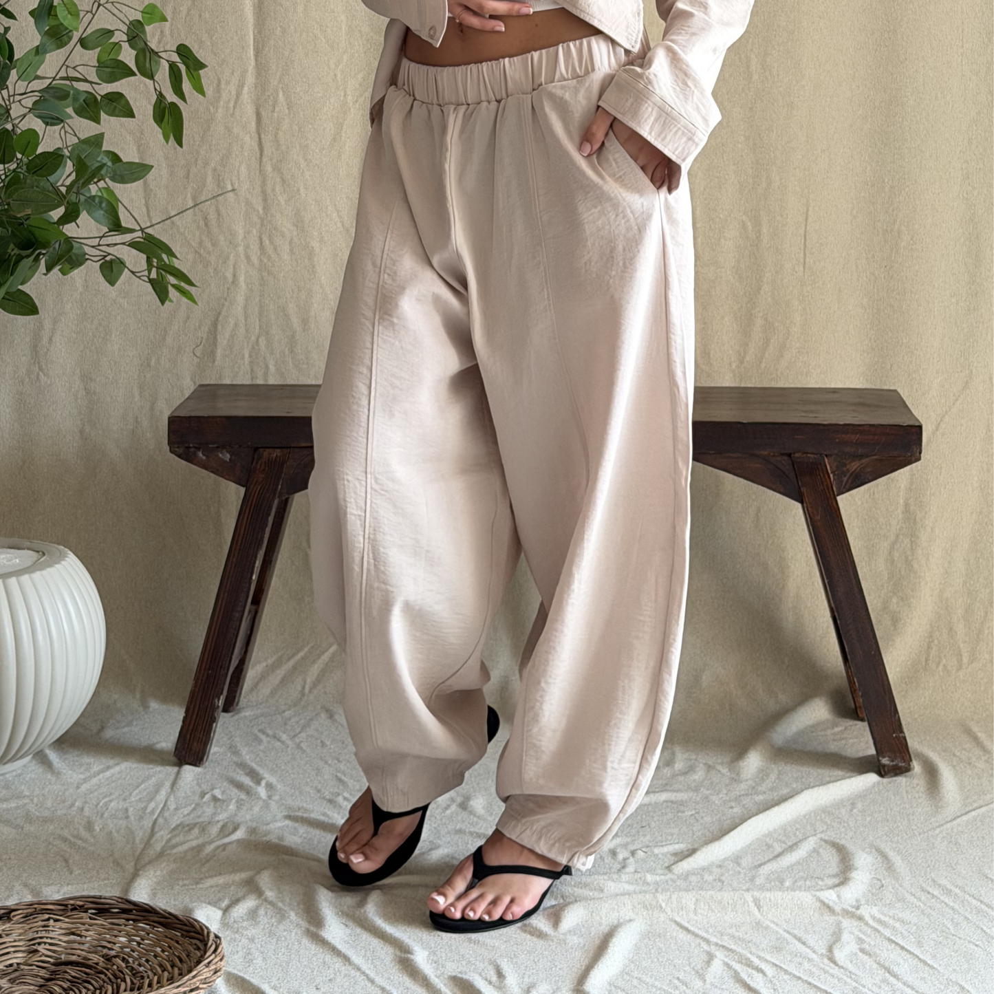 Beige Linen Drawstring pants