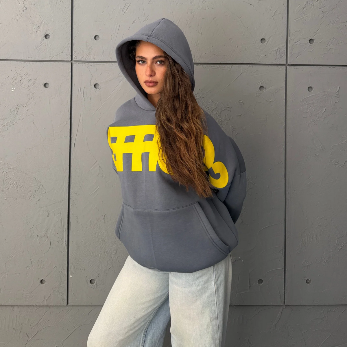 Gray & Yellow Oversized Printed Hoodie