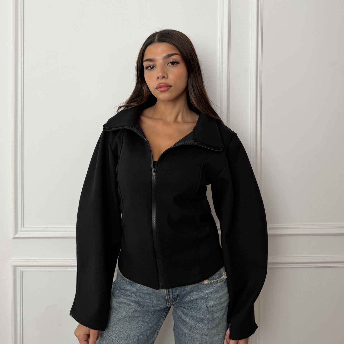 Structured Waist Black Zip Jacket