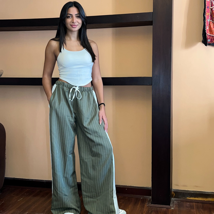 Olive Striped Wide-Leg Drawstring Pants