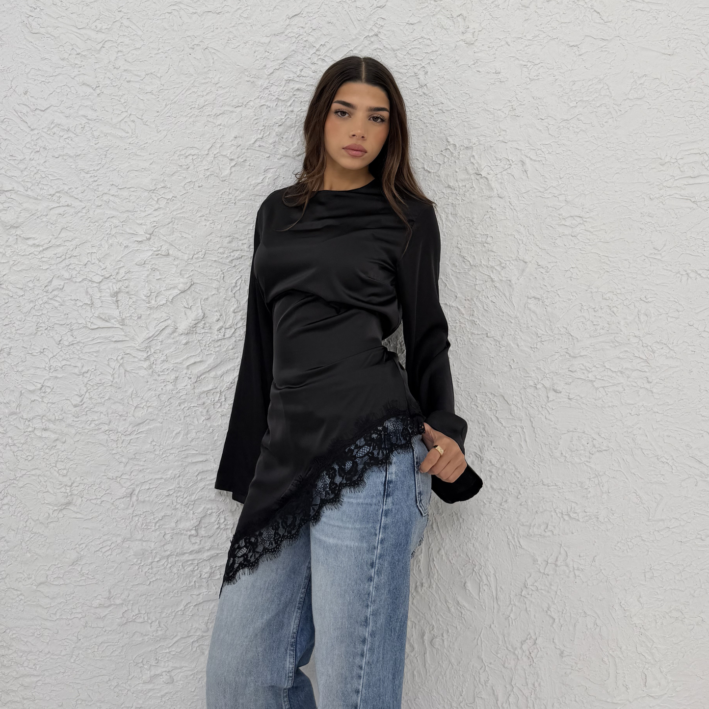 Asymmetrical Black Lace Satin Top