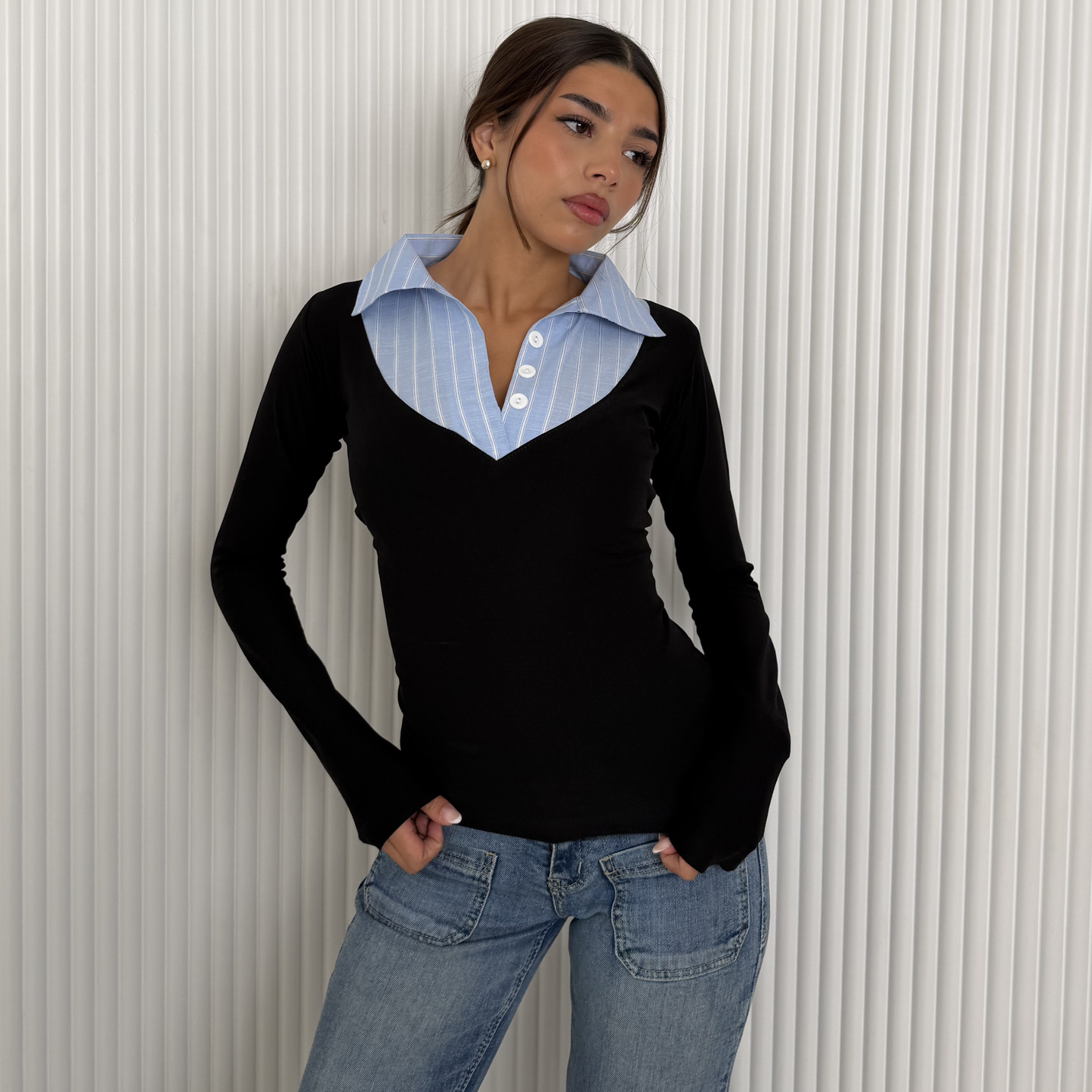 Layered Collar V-Neck Top –blue Stripe