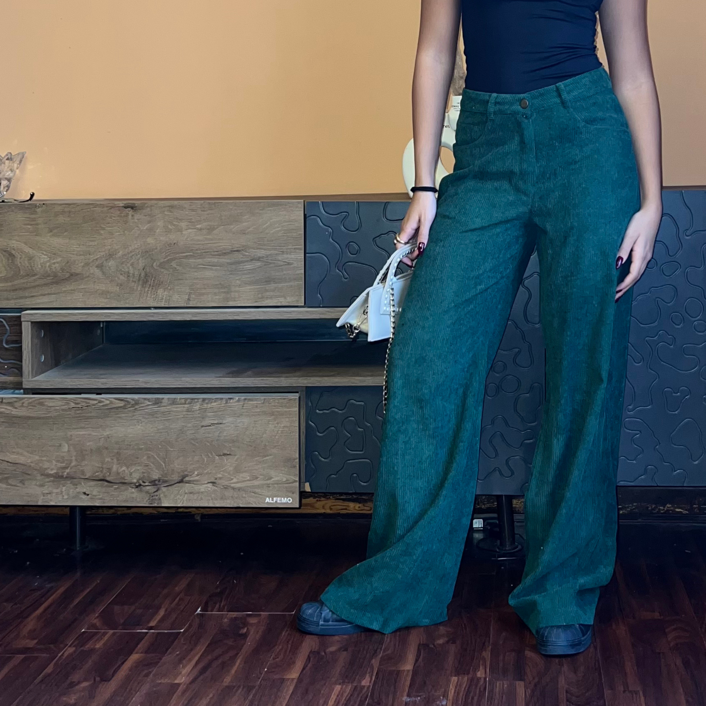 Green Corduroy Wide-Leg Pants