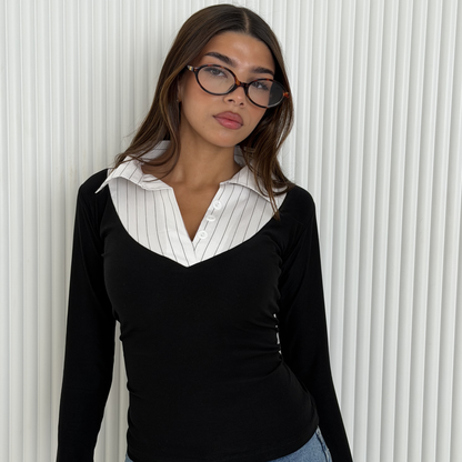 Layered Collar V-Neck Top –White Stripe
