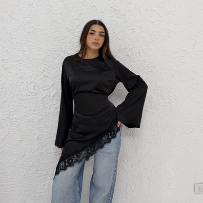 Asymmetrical Black Lace Satin Top
