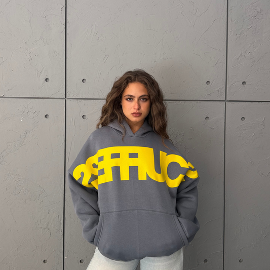 Gray & Yellow Oversized Printed Hoodie
