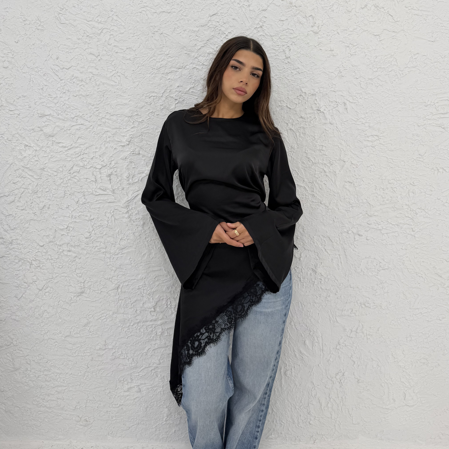 Asymmetrical Black Lace Satin Top