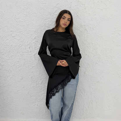 Asymmetrical Black Lace Satin Top