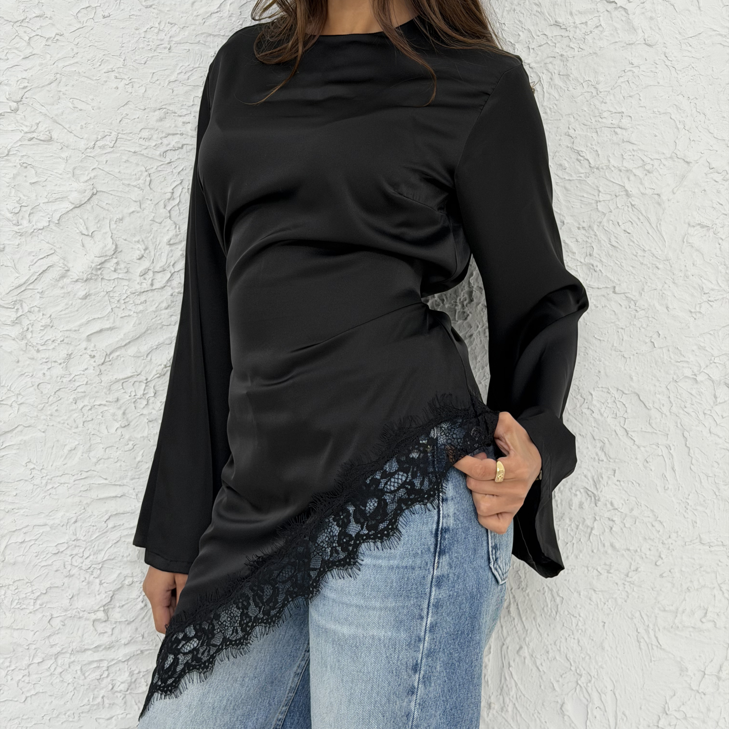 Asymmetrical Black Lace Satin Top