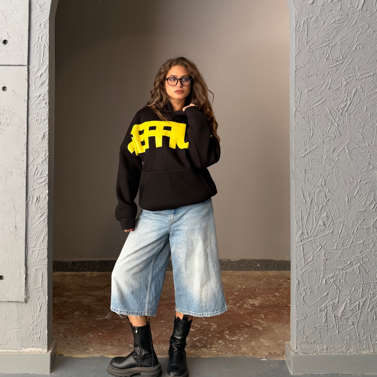 Black & Yellow Oversized Printed Hoodie