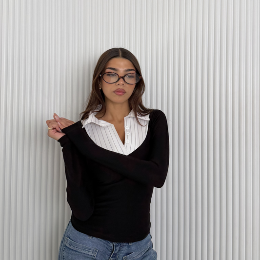 Layered Collar V-Neck Top –White Stripe