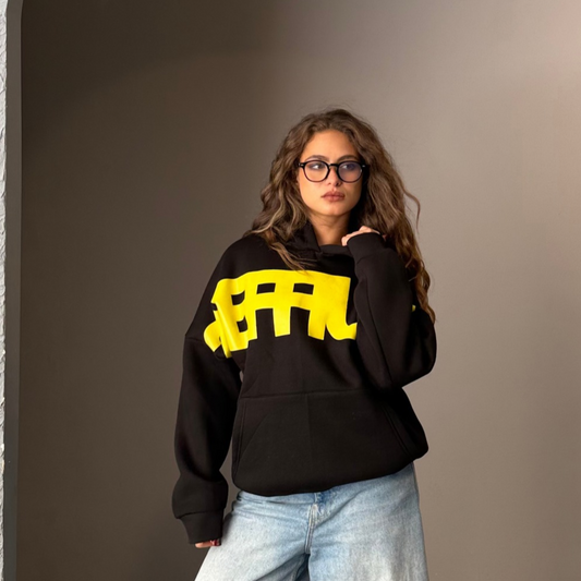 Black & Yellow Oversized Printed Hoodie