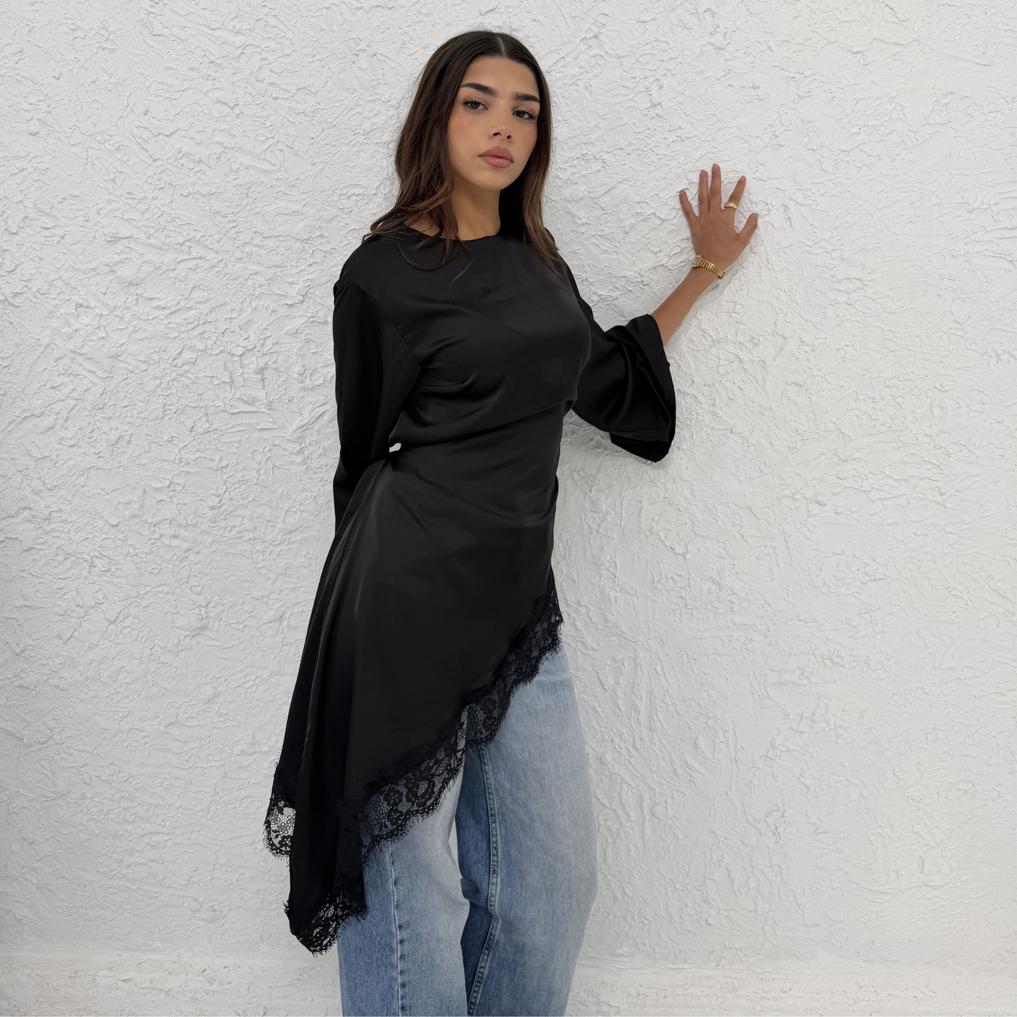 Asymmetrical Black Lace Satin Top